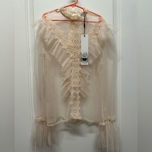 Nwt Womans Life Brand Elegant Sheer Ruffle Lace Blouse Size med